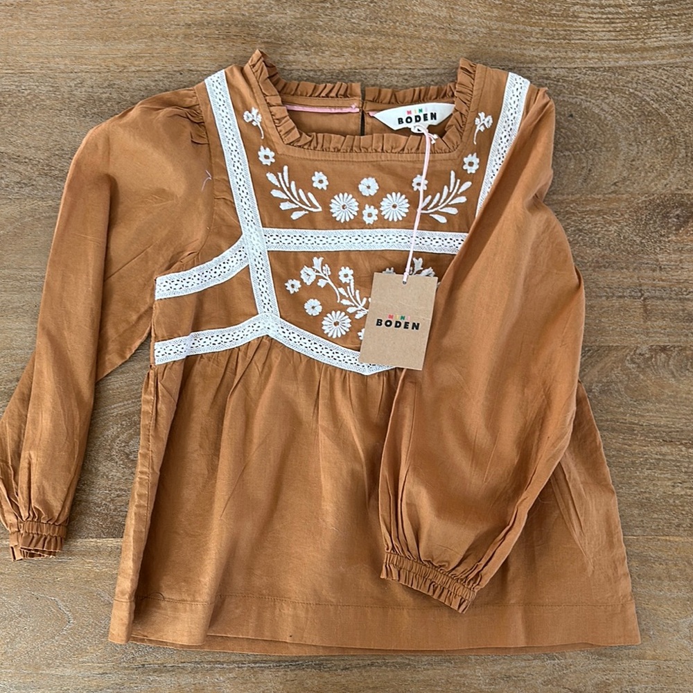 Mini Boden Brown Embroidered Kids Top